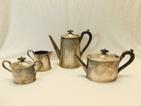 Antique Barker Ellis Silver Plated Tea Coffee Set: Etched Floral