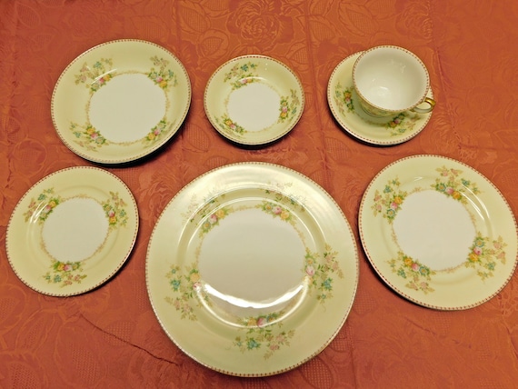 Antique Art Deco Meito Hand Painted China Set, Gold and Red