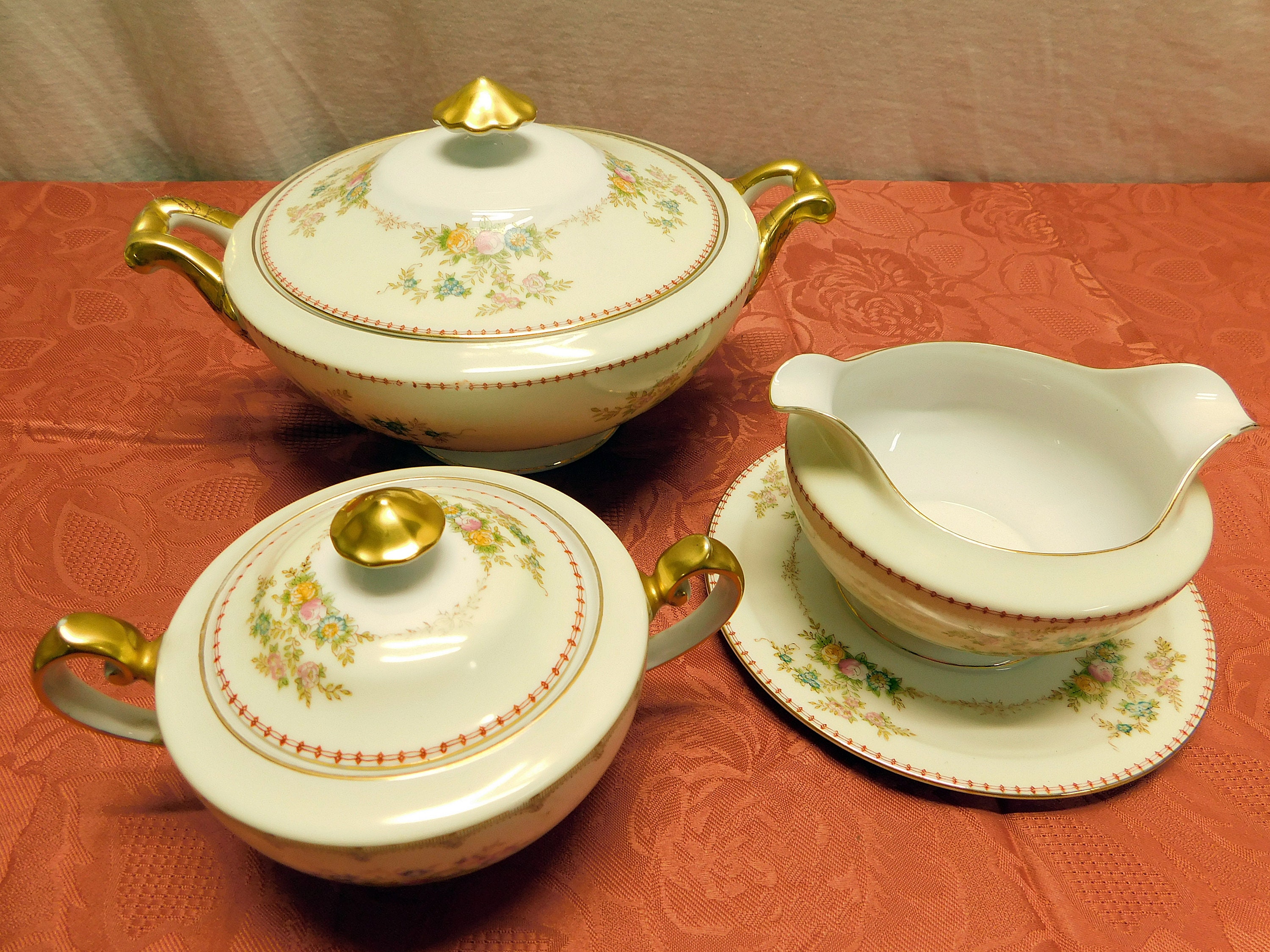 Antique Art Deco Meito China Set: Hand-painted Floral, Gold Trim