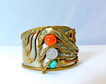 Vintage Designer Statement Cuff Bracelet Mixed Metal Multi Stone Cabs Hand Crafted