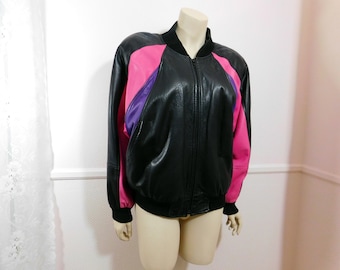 Vintage Colorful 80s  Women's Leather bomber Jacket, black color block moto jacket.