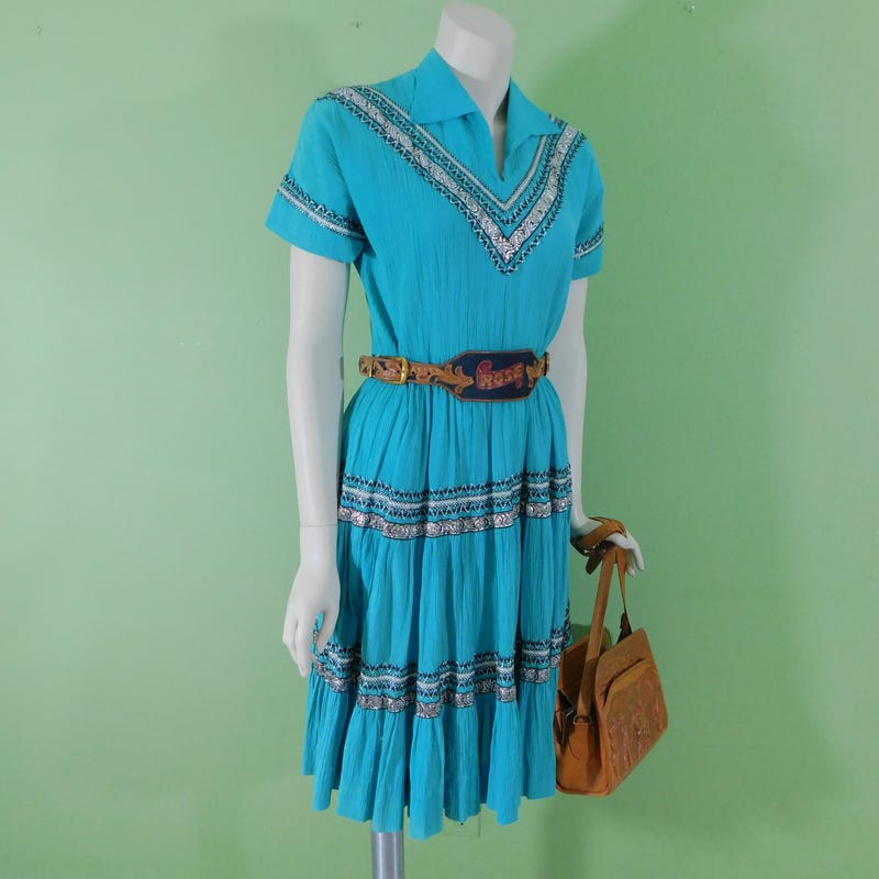 Vintage 50s Aqua Southwestern Patio Dress, Western Rockabilly Dress, Full Sweep Skirt S/XS main image 1