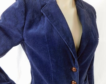 Vintage 70er Jahre marineblauer taillierter Cord-Blazer mit Wildleder-Ellbogen-Patches und Lederknöpfen