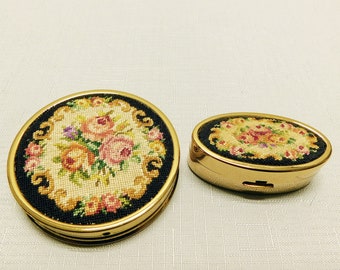 Vintage 60s Max Factor Hi Society Petit Point Compact, Lipstick Case and Makeup Bag