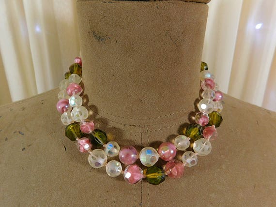 Vintage 50s  cut crystal necklace,pink and green … - image 5