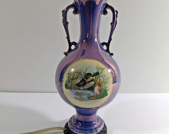 Vintage Blue Luster-ware porcelain lamp with wild ducks, iridescent blue and gold table lamp