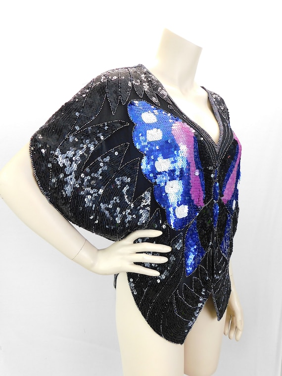 Vintage 70s disco silk sequin butterfly crop top, 