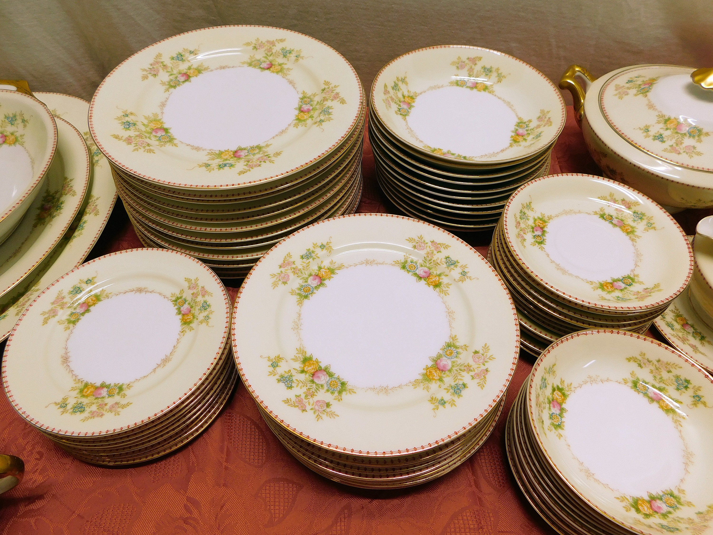 Antique Art Deco Meito China Set: Hand-painted Floral, Gold Trim