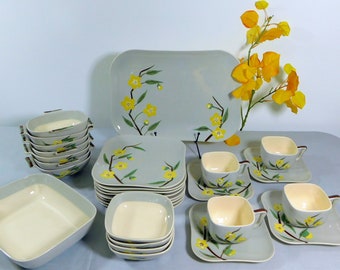 Vintage 40s WEIL WARE California Pottery Dinnerware, Malay Blossom ,Square Grey with Yellow blossoms, 29 pieces