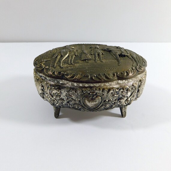 Vintage Metal Jewelry Music Box, Hinged Repousse … - image 2