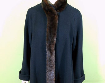 Vintage Black Wool Coat with Mink trim, Alorna by Forstmann, Union Label, Made in USA Size Large