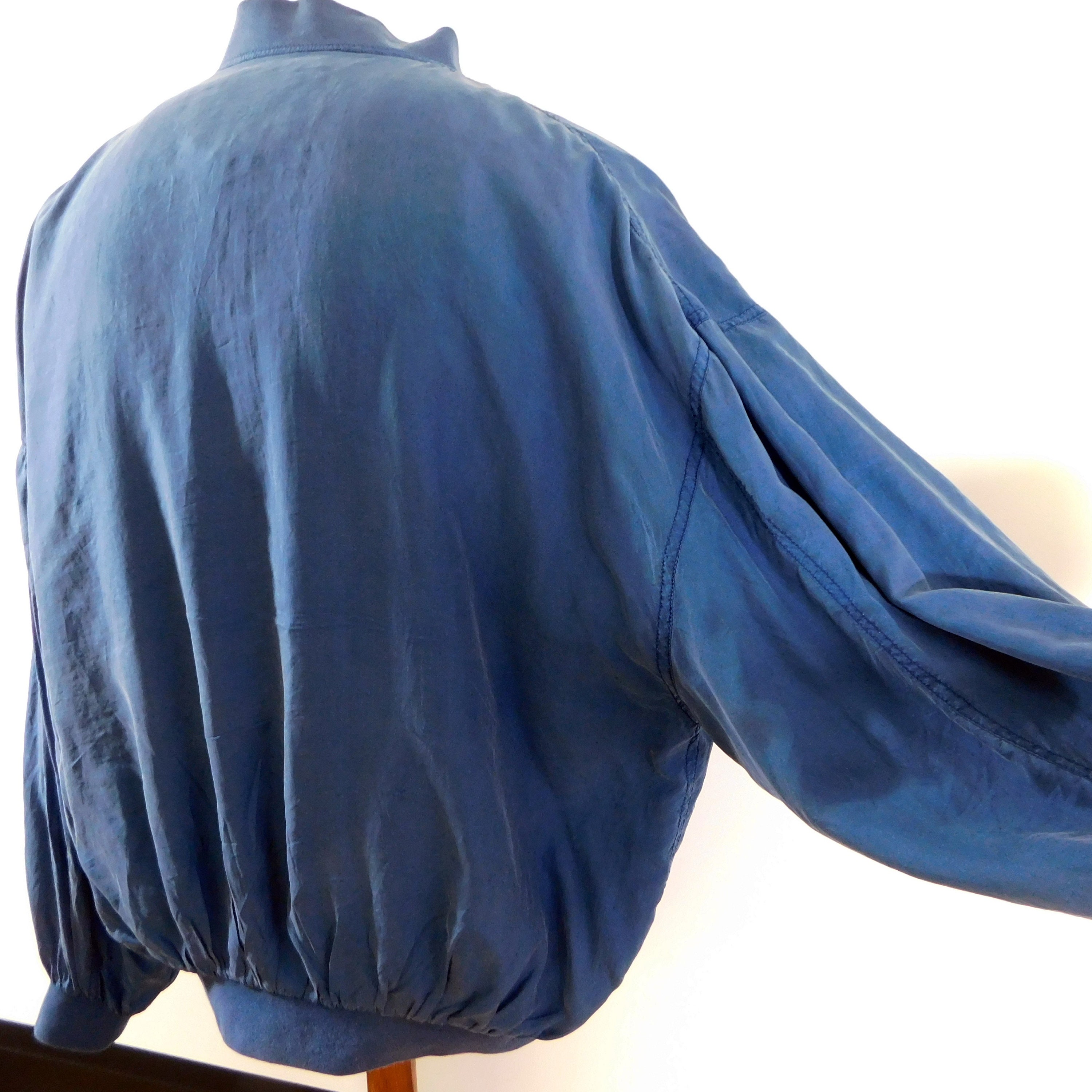 Vintage 1980s Blue Silk Bomber Jacket - Oversized Retro