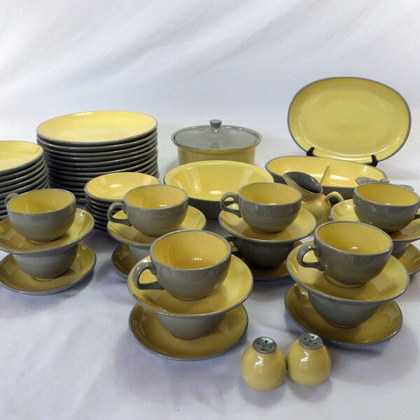 Vintage Harkerware stone china 1955 Golden Dawn  yellow and grey dinner set service for 12