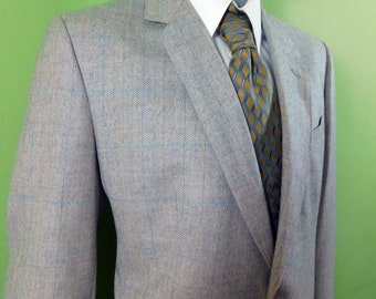 Vintage Mens Scottish Wool  Grey Blue Plaid  Sport Coat, Blazer, 44R, The Scotch House, London Edinburgh Paris, Made in England