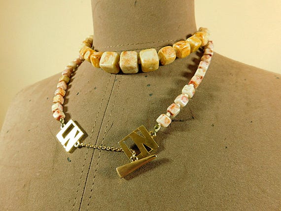 Vintage  Jasper cube stone necklace with LN logo … - image 5