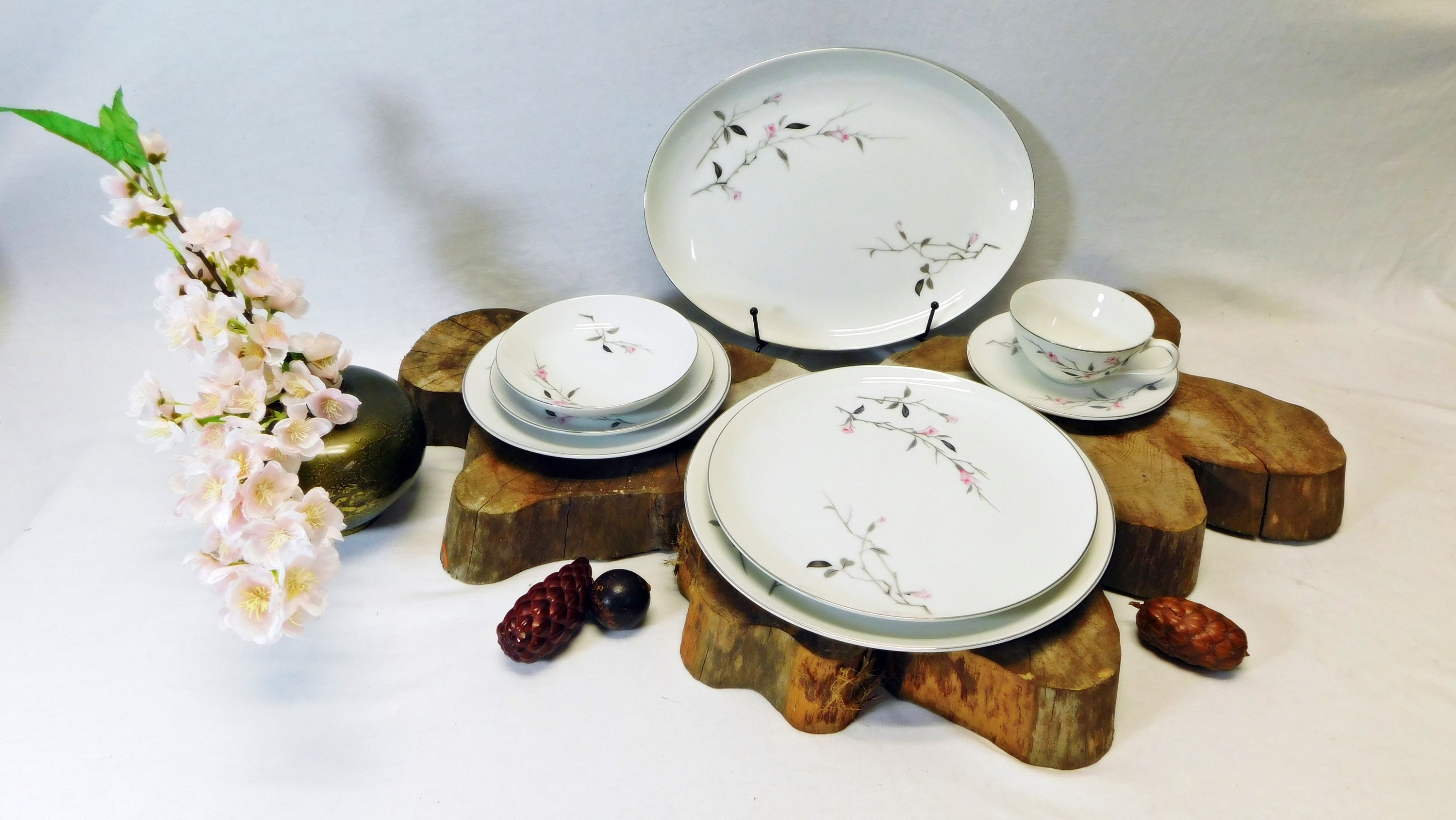 Vintage Cherry Blossom China Set: Japan Dinnerware, Platinum Rim