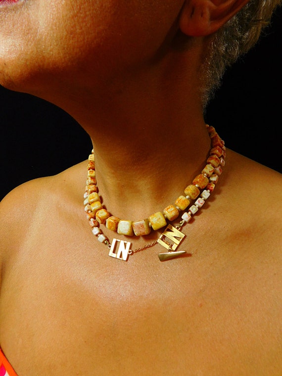 Vintage  Jasper cube stone necklace with LN logo … - image 1