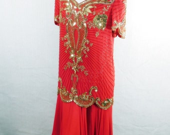 Vintage red and gold beaded silk Flapper style cocktail dress size 12, sparkly Holiday dress