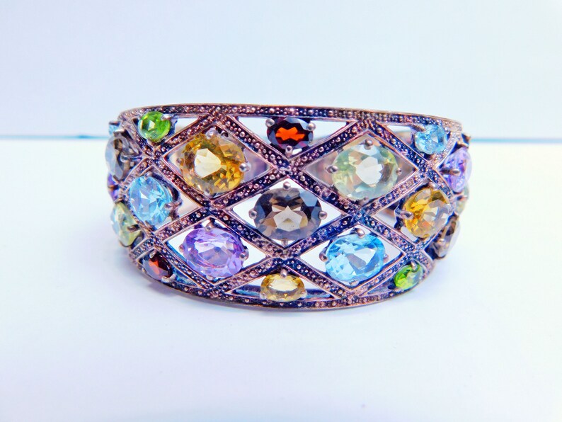 Vintage multi gemstone 925 shops Sterling silver hinged cuff bracelet