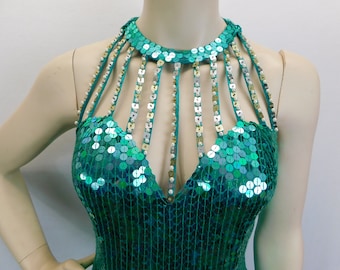Vintage Lillie Rubin Sequin Gown: Emerald Green Halter Cage Neckline
