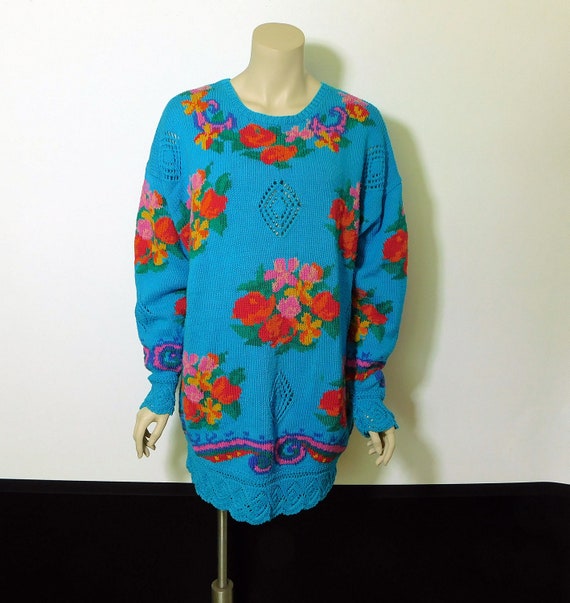 Vintage 80s Nancy Vale turquoise blue with bright… - image 2
