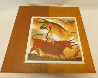 Mid-Century Modern Teak Key Holder Cabinet: Abstract Bull Tile Front