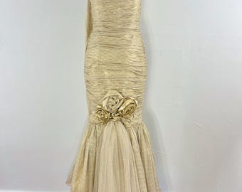 Metallic Gold Silk Chiffon Mermaid Gown: Strapless Ruched Barbiecore Dress
