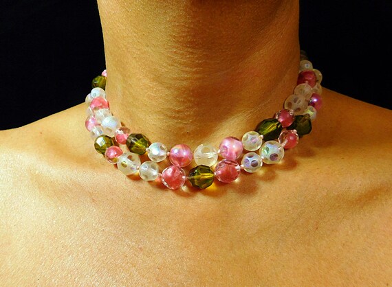 Vintage 50s  cut crystal necklace,pink and green … - image 4
