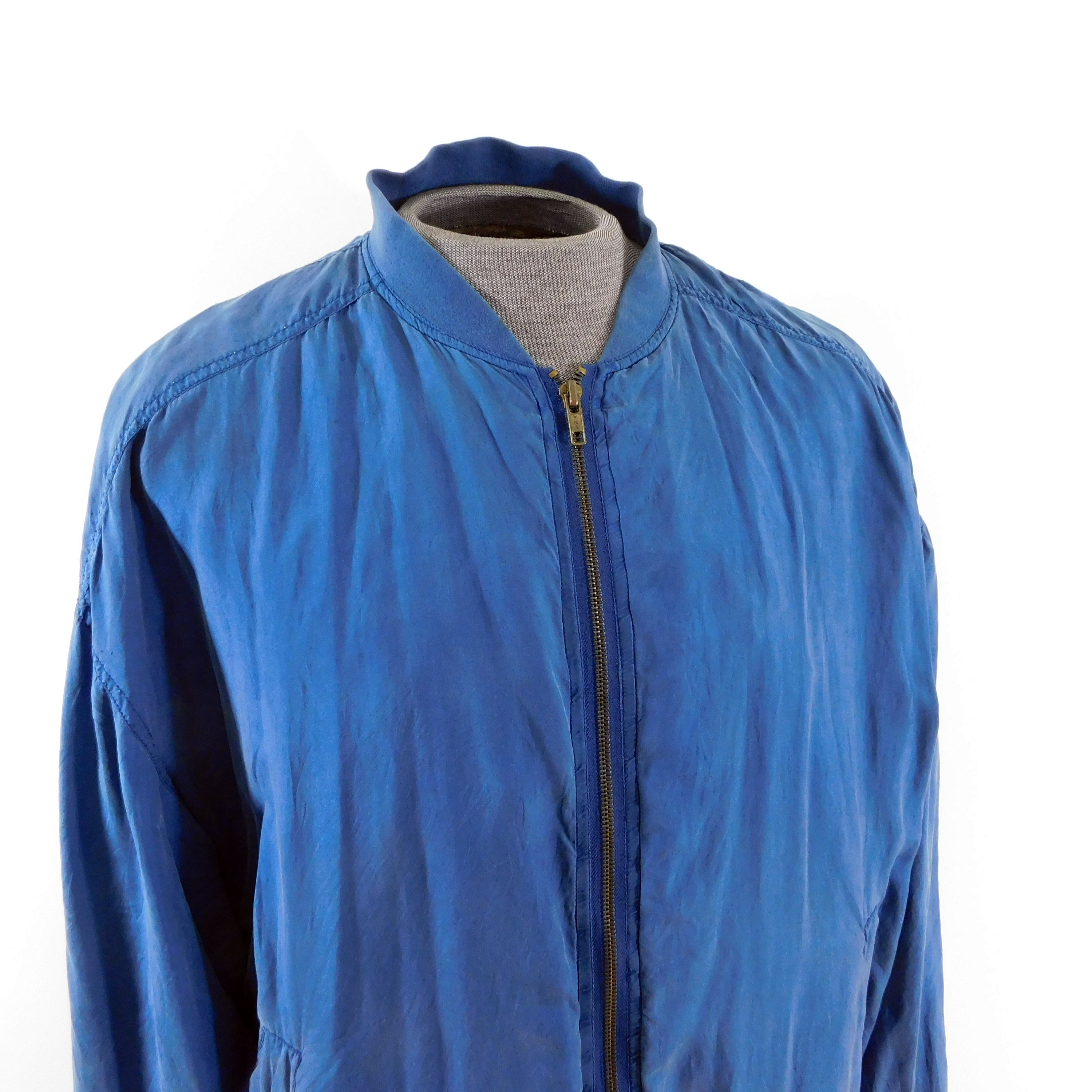 Vintage 1980s Blue Silk Bomber Jacket - Oversized Retro