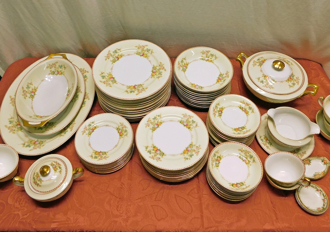 Antique Art Deco Meito China Set: Hand-painted Floral, Gold Trim