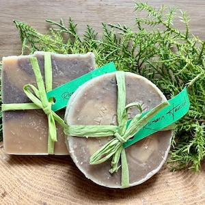 Può includere: Due saponette fatte a mano, una rettangolare e una rotonda, legate con nastro di rafia verde ed etichette. Il sapone è di colore marrone chiaro con marmorizzazioni più scure. Rami di fogliame verde sullo sfondo.