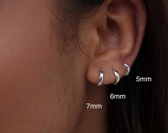 Set van 3 kleine sterlingzilveren knuffeloorbellen, 925 zilveren kleine hoepels 5 mm 6 mm 7 mm, sierlijke kraakbeenoorbellen voor meerdere piercings