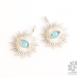 P1103-MR// Matt Rhodium Plated Turquoise Blue Cubic Zorconia Pointed Eye Pendant, 2pcs image 1