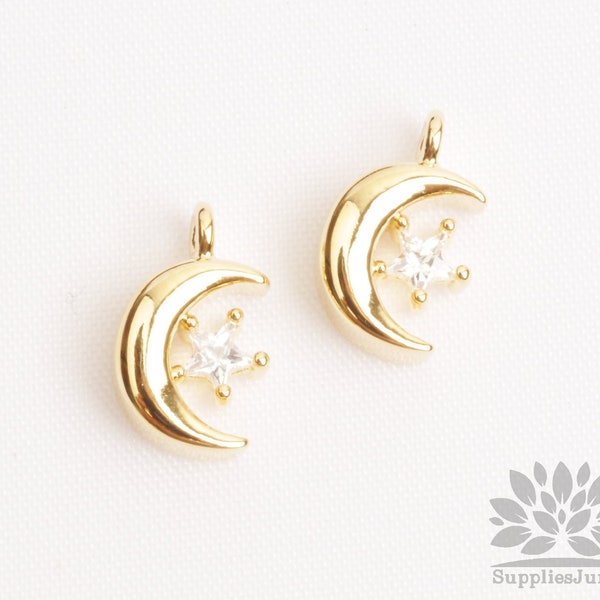 P1025-G// Gold Plated Star Cubic Pointed Crescent Pendant, 2pcs