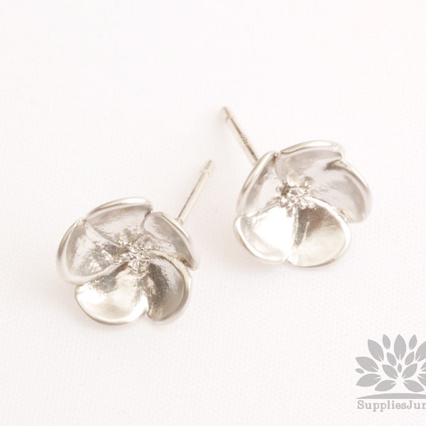 E393-MR// Matt Rhodium Plated Small Flower Earring Post, 2pcs