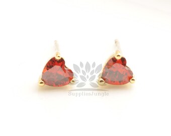 E398-G/R// Gold or Rhodium Plated Heart Shape Ruby Cubic Earring Post, 2pcs