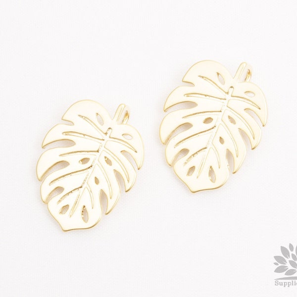 P1014-MG// Matt Gold Plated 15 x 20mm Monstera Leaf Pendant, 2pcs