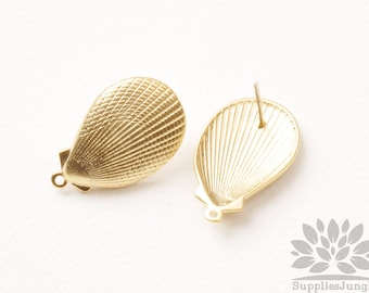 E346-MG// Matt Gold Plated Clam Shell Earring Post, 2 pcs