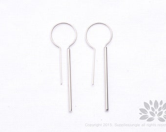 E292-R// Rhodium Plated Simple 30mm Round Tube Vertical Bar Earwire, 4pcs