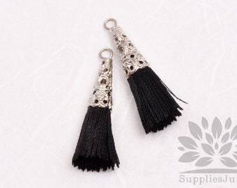 T003-01-R-BL// Original Rhodium Plated Cone Black 34mm Tassel Pendant, 4pcs