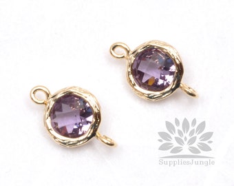 F145-G-AM// Gold Framed Amethyst Faceted Round Glass Connector, 2 pcs