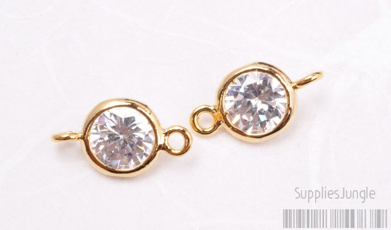 F113-03-G// Gold Plated 8mm Cubic Zirconia Round Pendant Connector, 4pcs image 1