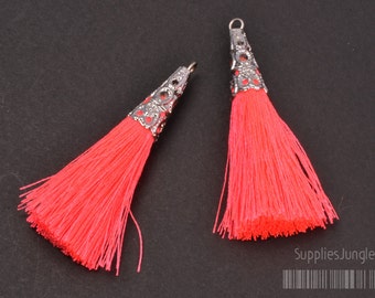 T003-02-R-NP// Original Rhodium Plated Cone Neon Pink 45mm Tassel Pendant, 4pcs