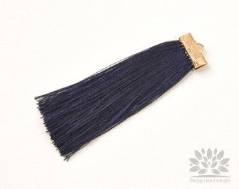 T021-NV// Navy Rayon with Gold Plated Flat Rectangle Cap Tassel Pendant, 2pcs, 65mm