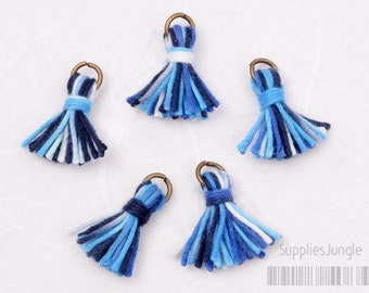 T000-CO-MB // Multi Blue, Cotton Tassel Pendant, 4pcs, 18mm