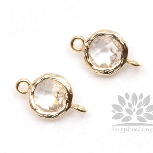 F145-G-CL// Gold Framed Clear Crystal Faceted Round Glass Connector, 2 pcs image 1