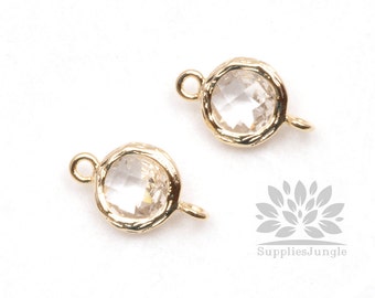 F145-G-CL// Gold Framed Clear Crystal Faceted Round Glass Connector, 2 pcs