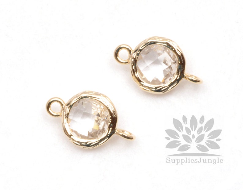 F145-G-CL// Gold Framed Clear Crystal Faceted Round Glass Connector, 2 pcs image 1