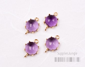 F103-01-G-AM// Gold Framed Amethyst Smooth Round Glass Connector, 2pcs