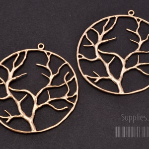 P013-MG// Matt Gold Plated Round Tree Framed Pendant, 2pcs